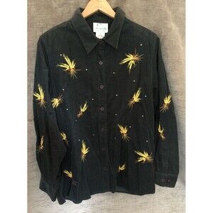 the Quacker Factory Large Women's Green Corduroy Shirt With Wheat Boughs Fall